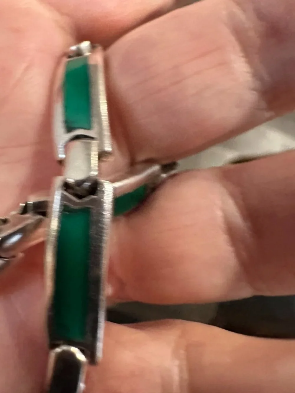 Vintage Sterling Silver 925 Natural Green Chalcedony Inlay 7 Link Heavy Bracelet